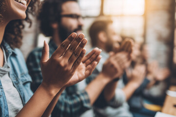 A diverse group of professionals applauding at a successful meeting