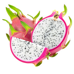 Whole and half-sliced fresh pink dragon fruit, or pitaya, isolated on a white background