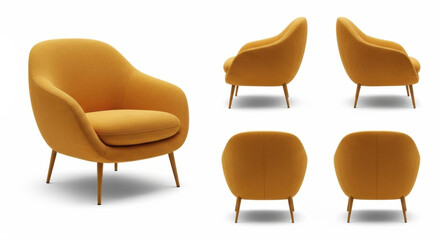 Modern yellow armchair displayed from different perspectives on a clean white background