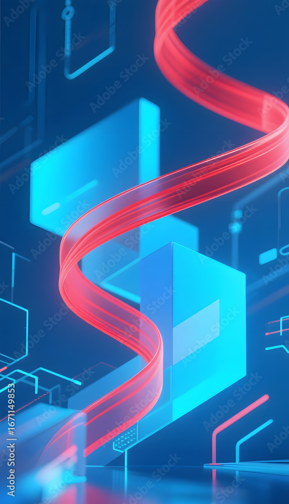 Poster abstract digital scene with glowing red and blue elements intertwined against a circuit-like backgro