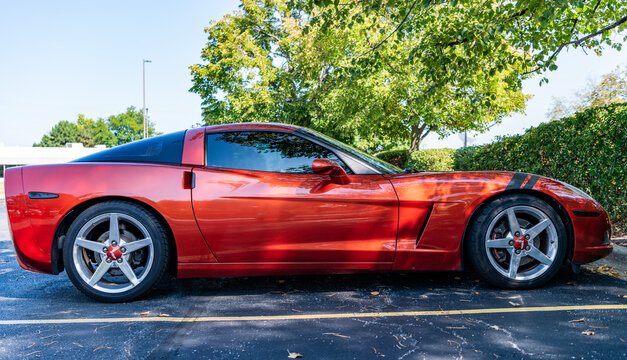 Park Ridge, Illinois, USA - August 29, 2024: 2005 Chevrolet Corvette C6 Chevy car. Luxury car of Chevrolet Corvette C6 type. Car of Chevrolet Corvette parked outdoor. Chevrolet Corvette, side view