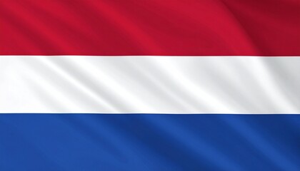 Fototapeta premium Dutch national flag with three horizontal bands—red on top, white in the middle, and blue on the bottom—waving in the wind, symbolizing national pride and identity.