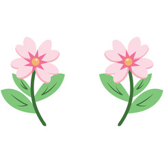 Pink twin flowers illustration with green leaves, flat simple style, isolated on white background, ideal for floral and decorative projects.