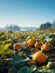 Vibrant Pumpkin Field Under Clear Blue Sky With Early Morning Mist in the Background