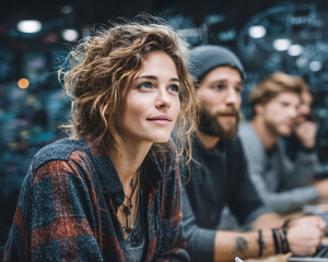 Young woman looking up attentively in a classroom or workshop setting