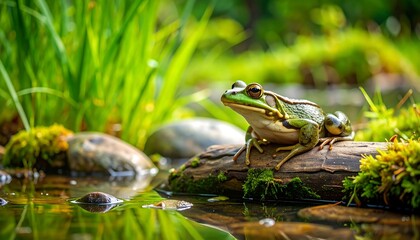 Frog on a log in a stream