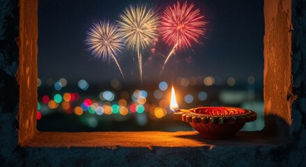 Vibrant fireworks illuminate the night sky above a traditional diya lamp, creating a festive scene