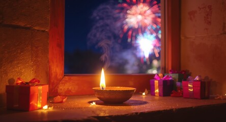 Warm candle flame illuminates festive gifts with fireworks bursting in a celebratory night scene