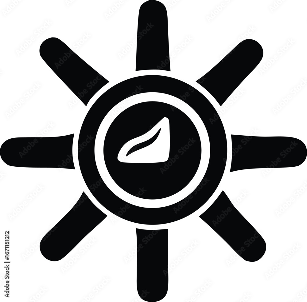 Poster abstract nautical compass symbol with radial spokes and central leaf icon isolated graphic design el
