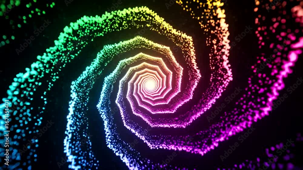 Poster hypnotic rainbow spiral animation with vibrant colors and infinite depth effect, creating a