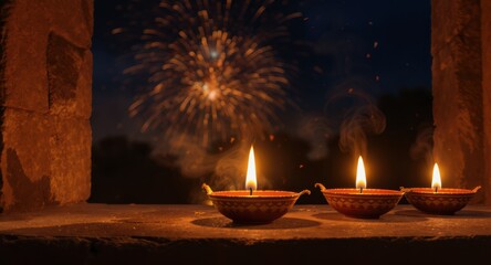 Warm candlelight and fireworks illuminate the night sky, celebrating a special festival moment