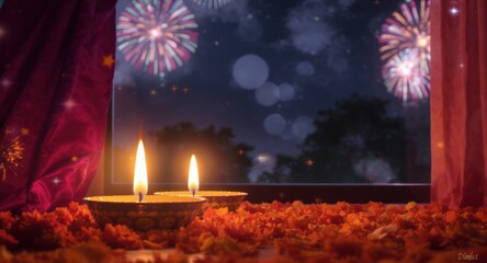 Diwali celebration with vibrant candles, flowers, and fireworks illuminating the night sky