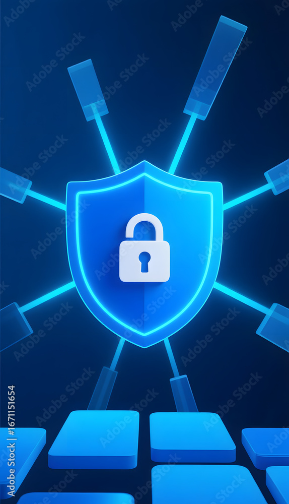 Poster digital security shield with interconnected nodes on a dark background