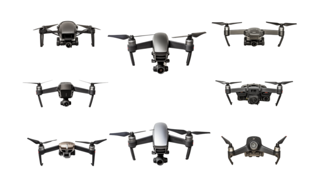 Set of flying drones on a transparent background