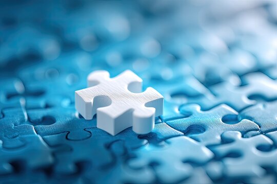 Single white puzzle piece on a blue puzzle