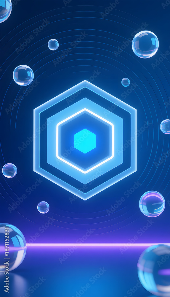 Poster hexagonal light structure with bubbles on a gradient background