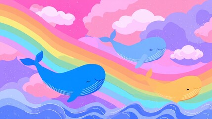 Fototapeta premium Whimsical whales on a pastel rainbow