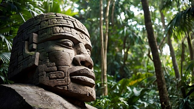 Olmec stone head sculpture in lush green jungle environment