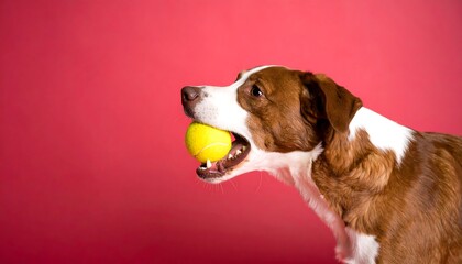 A playful brown and white dog holds a tennis ball in its mouth against a vibrant pink background