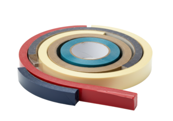 Assorted rolls colored tapes concentric spiral pattern stationery design isolated on white background