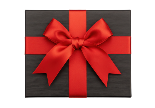 Elegant gift box vibrant red ribbon bow top view holiday decoration isolated on white background