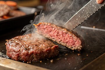 Juicy burger patty being sliced with steam rising