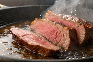Juicy steak sizzling in a hot skillet
