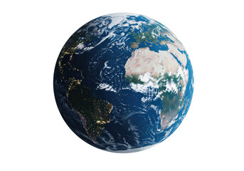 Obraz premium Earth globe with glowing nightlights, realistic detailed view of continents and oceans, geography, travel, and global network concept isolated on white background