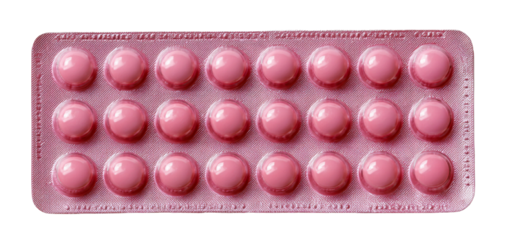 Pill blister pack containing pink tablets arranged in grid pattern, symbolizing health and medication