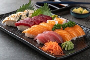 Assorted sushi platter featuring fresh sashimi and rolls