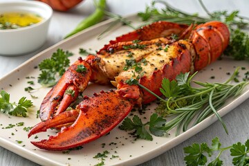 Grilled lobster garnished with fresh herbs on a plate