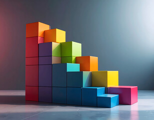 Obraz premium Steps of Success: A vibrant, geometric composition of multi-colored blocks representing progress, growth, and strategic ascent towards achieving milestones. 