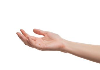 Open human hand reaching out with palm upward, gesture symbolizing offering, asking, helping, or receiving in communication isolated on white background