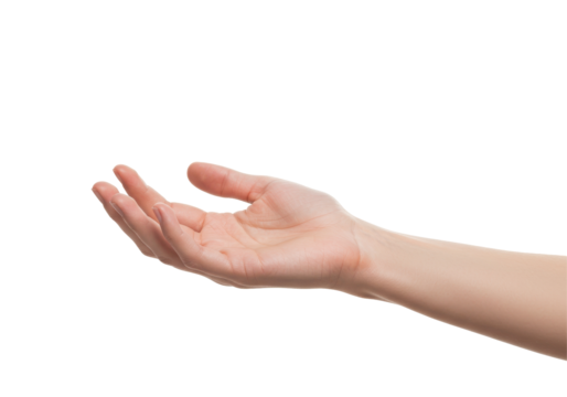 Open human hand reaching out with palm upward, gesture symbolizing offering, asking, helping, or receiving in communication isolated on white background