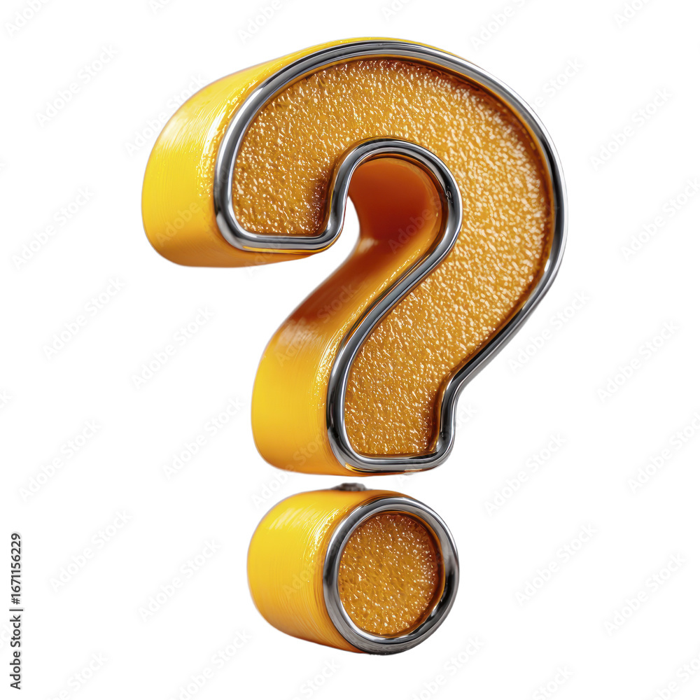 Poster Yellow Textured Question Mark Symbol With Polished Chrome Edging On A Transparent Background