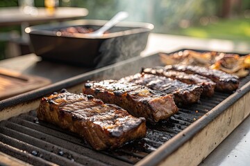 Grilled steaks sizzling on a barbecue grill