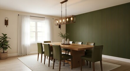 Fototapeta premium Modern Dining Room Interior Design with Wooden Table and Green Wall.