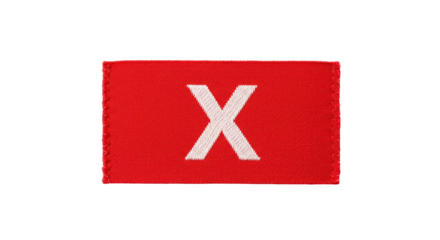 Embroidered red fabric patch featuring stitched white letter X, textile clothing accessory for fashion, branding, and decorative design isolated on white background