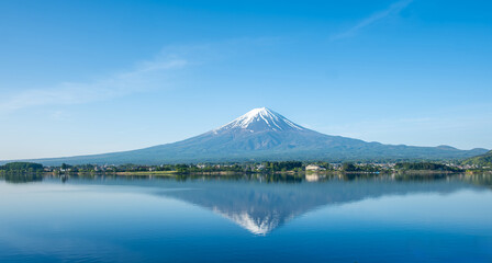 Mount Fuji reflected in Kawaguchi lake with clear sky in Japan landscape at fujinomiya, shizuoka, japan