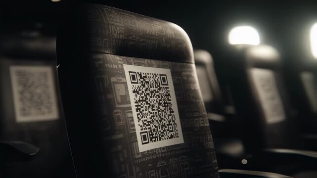 Focused medium shot of a crisp QR code on a seat back with softly blurred AR graphics and dim theater lighting behind emphasizing innovative intermission engagement.