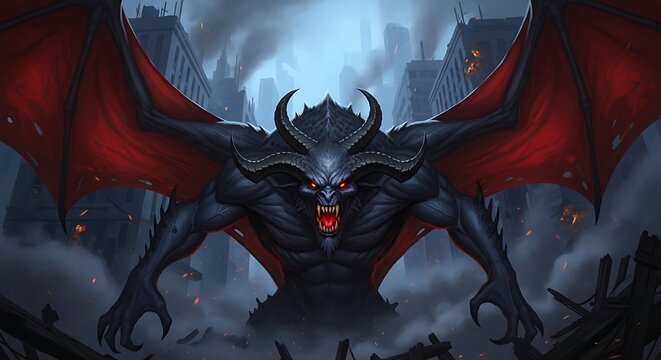 Fearsome Demon Over Cityscape.