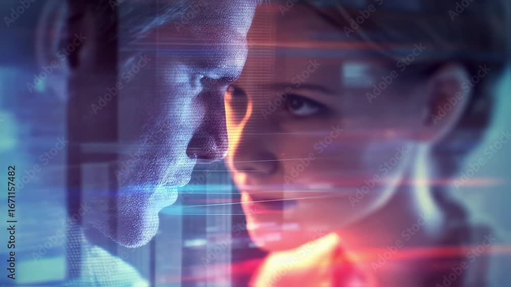 Poster Focused view of a holographic interface displaying vibrant 3D photo highlights from a couples shared archive set against a softly blurred digital environment.