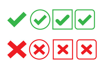 checkmarks with tick and cross symbols. Green and Red variety style vector illustration of two checkbox icons. Green check mark and red cross icon set, circle and cross. Tick symbol. EPS 10