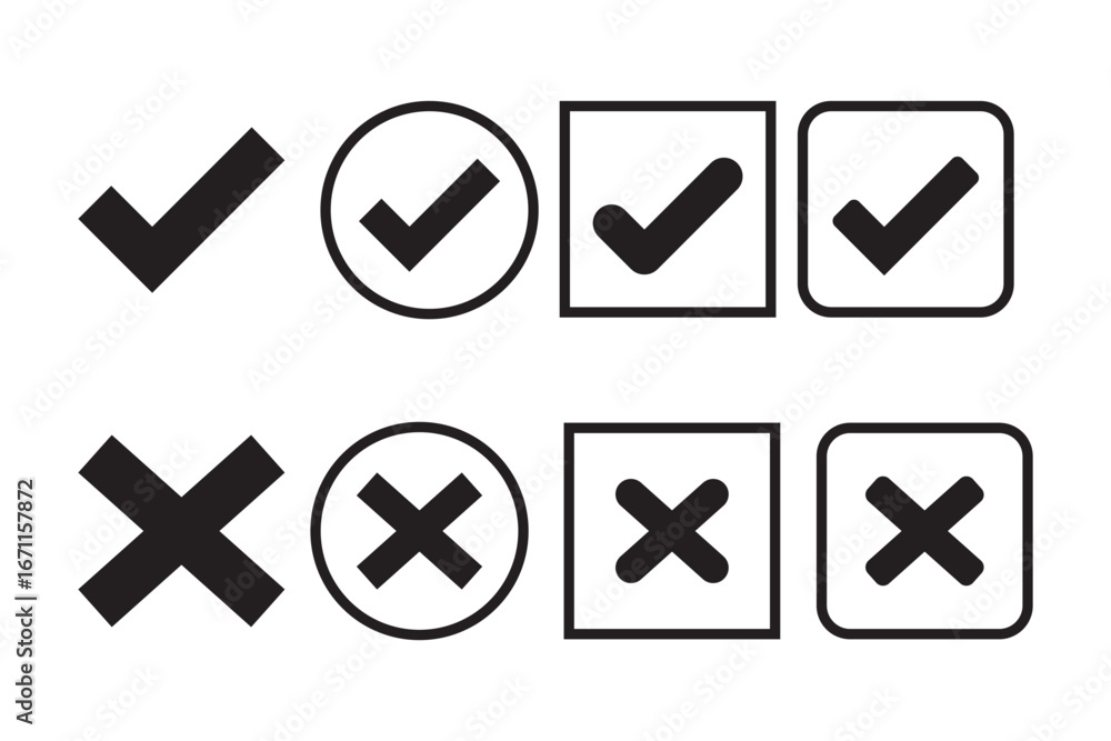 Poster black check tick mark icon set. cross box x check mark checkbox v list vector draw hand drawn sketch