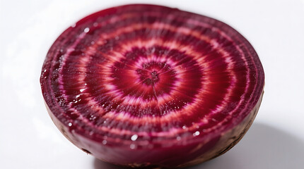 Ultra realistic, ultra HD close-up of sliced beetroot, vibrant red-purple circular patterns, fresh juicy texture, isolated on pure white background, high detail, soft natural shadows.