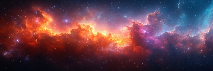 Naklejka premium A vibrant cosmic scene showcasing colorful nebulae and stars against a dark backdrop, representing the vastness and beauty of the universe.
