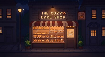 Pixel Art Bakery at Night