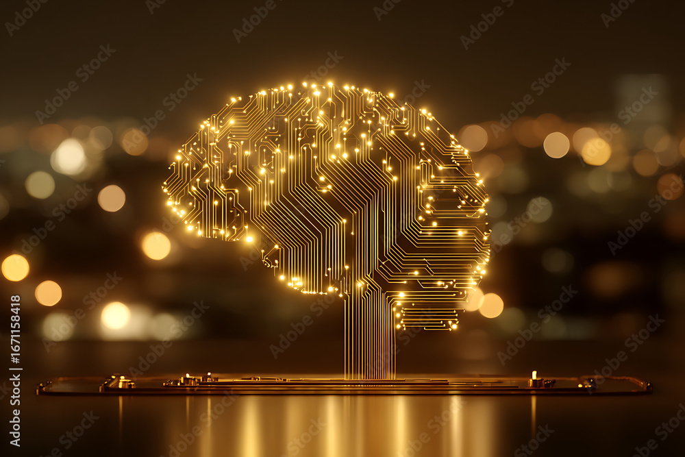 Aufkleber artificial intelligence is growing from smartphone in futuristic city with bokeh effect