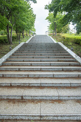 Outdoor stone stairs surrounded by green trees in park setting at Tokyo, Japan