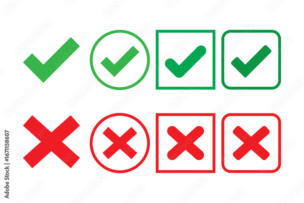 Poster checkmarks with tick and cross symbols. green and red variety style vector illustration of two check